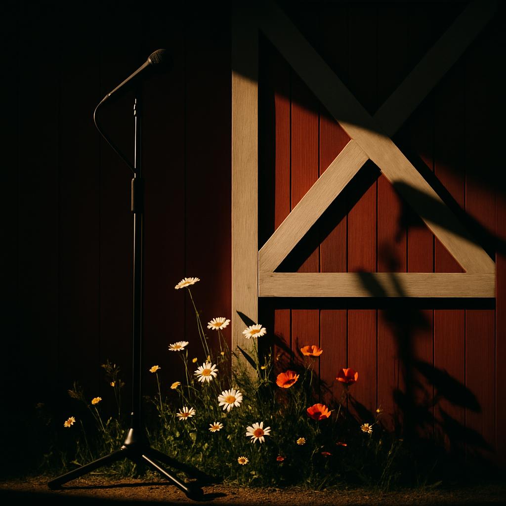 A microphone stand in front of a red barn door, with flowers growing around it.