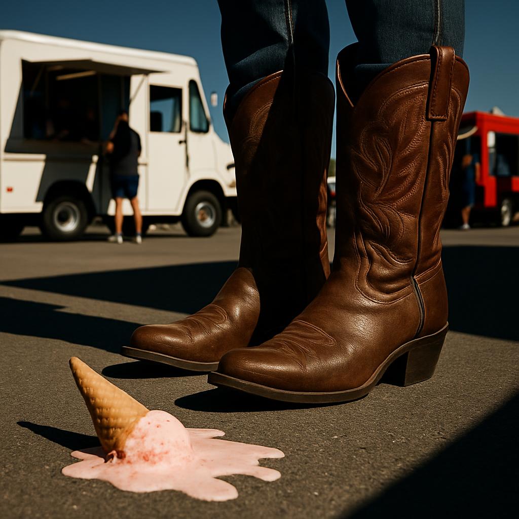 An ice cream cone lies on its side, spilling a vibrant red ice cream onto the black ground.