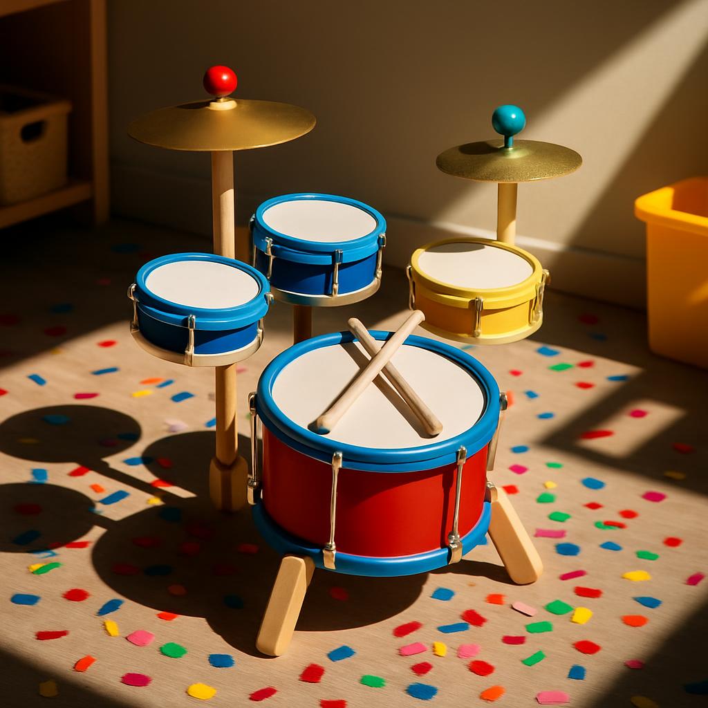 a toy drumset with colourful hard edges