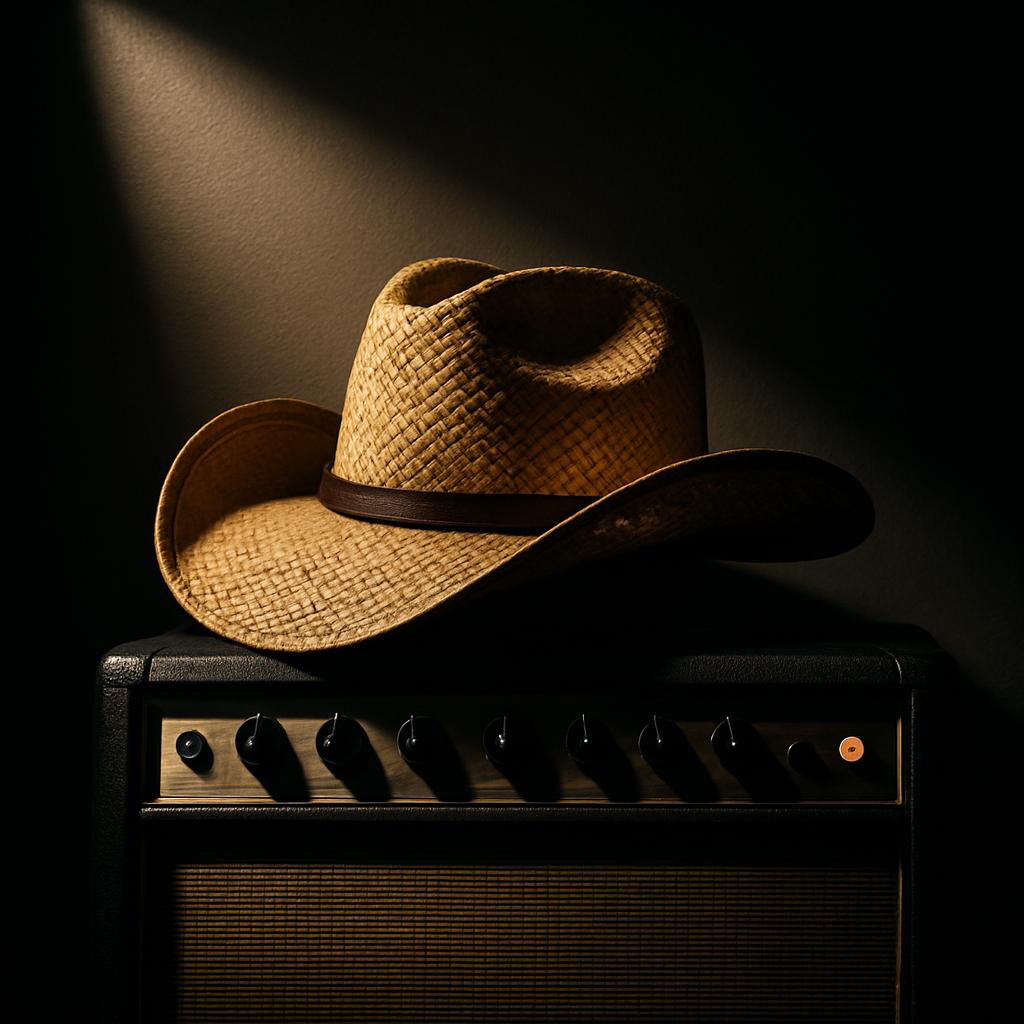 A straw cowboy hat rests on a vintage guitar amp, distinguished by its curved brim and woven straw pattern. The guitar amp...